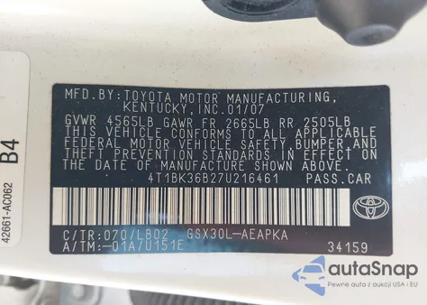 2007 Toyota Avalon Limited from USA, damaged, VIN 4T1BK36B27U216461